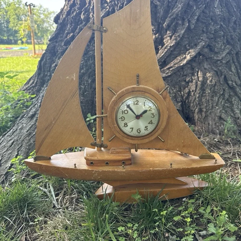 Vintage Sessions Wooden Sailboat Mantel Clock Nautical Ship Wheel Electric USA